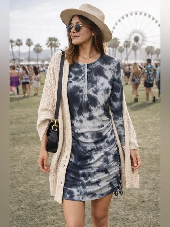 Tie Dye Henley Mini Dress Ruched Ribbed Thermal Top Bodycon Tunic Boho Festival - Picture 3 of 13